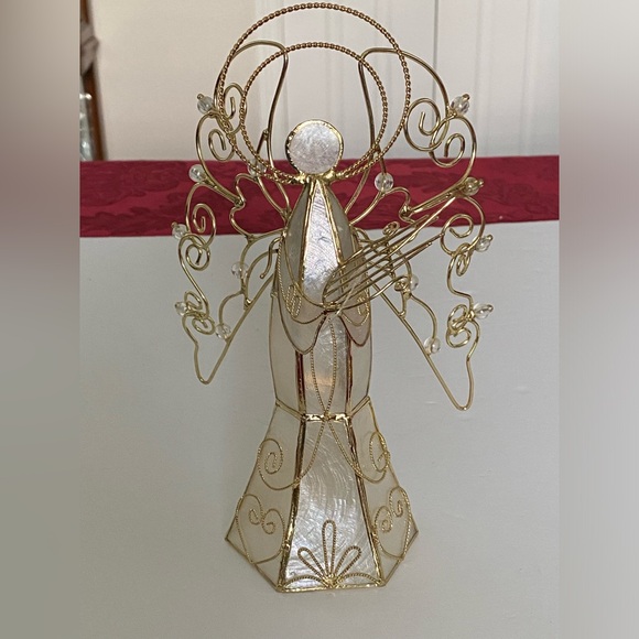 Vintage Capiz Shell Christmas Angel with Wings Playing Harp Gold Metal Crystals - Picture 12 of 16